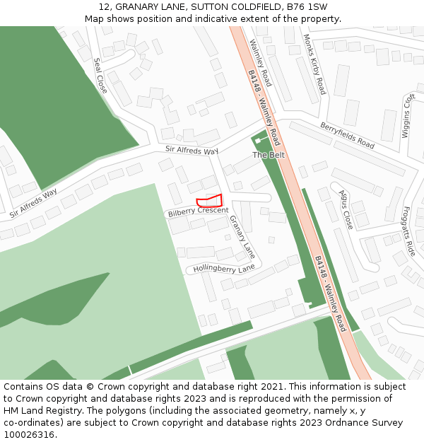12, GRANARY LANE, SUTTON COLDFIELD, B76 1SW: Location map and indicative extent of plot