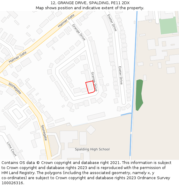 12, GRANGE DRIVE, SPALDING, PE11 2DX: Location map and indicative extent of plot