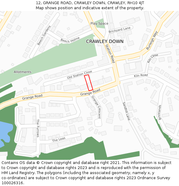 12, GRANGE ROAD, CRAWLEY DOWN, CRAWLEY, RH10 4JT: Location map and indicative extent of plot