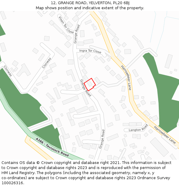 12, GRANGE ROAD, YELVERTON, PL20 6BJ: Location map and indicative extent of plot