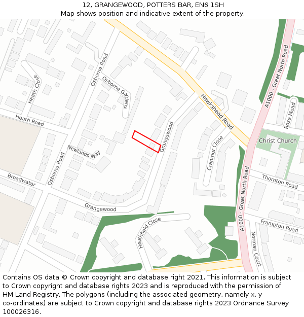 12, GRANGEWOOD, POTTERS BAR, EN6 1SH: Location map and indicative extent of plot