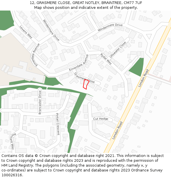 12, GRASMERE CLOSE, GREAT NOTLEY, BRAINTREE, CM77 7UF: Location map and indicative extent of plot