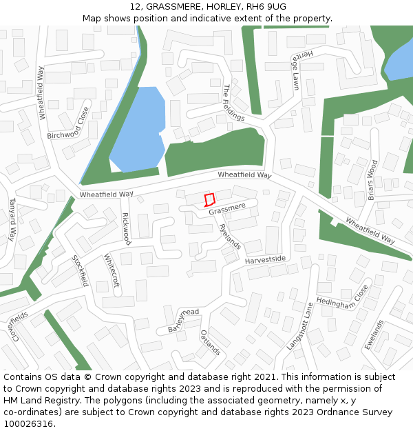 12, GRASSMERE, HORLEY, RH6 9UG: Location map and indicative extent of plot