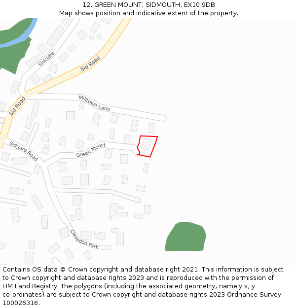 12, GREEN MOUNT, SIDMOUTH, EX10 9DB: Location map and indicative extent of plot