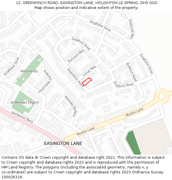 12, GREENFINCH ROAD, EASINGTON LANE, HOUGHTON LE SPRING, DH5 0GG: Location map and indicative extent of plot