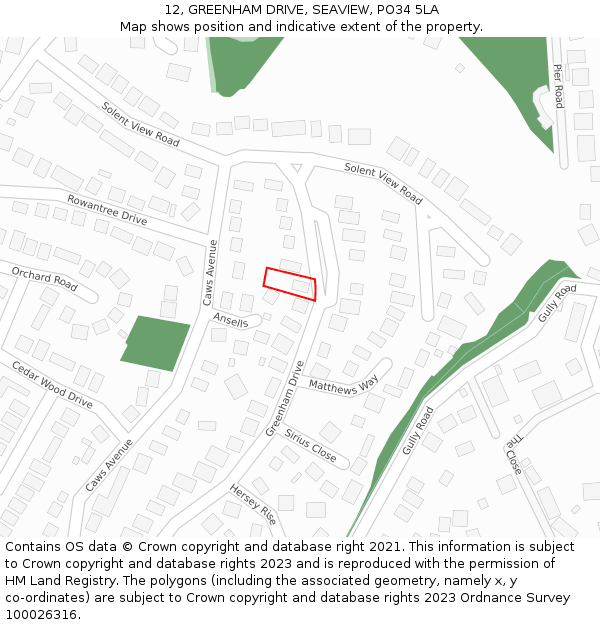 12, GREENHAM DRIVE, SEAVIEW, PO34 5LA: Location map and indicative extent of plot
