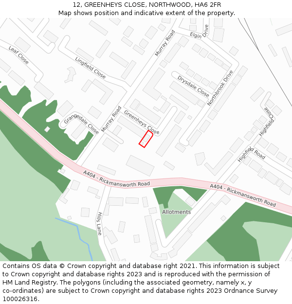 12, GREENHEYS CLOSE, NORTHWOOD, HA6 2FR: Location map and indicative extent of plot