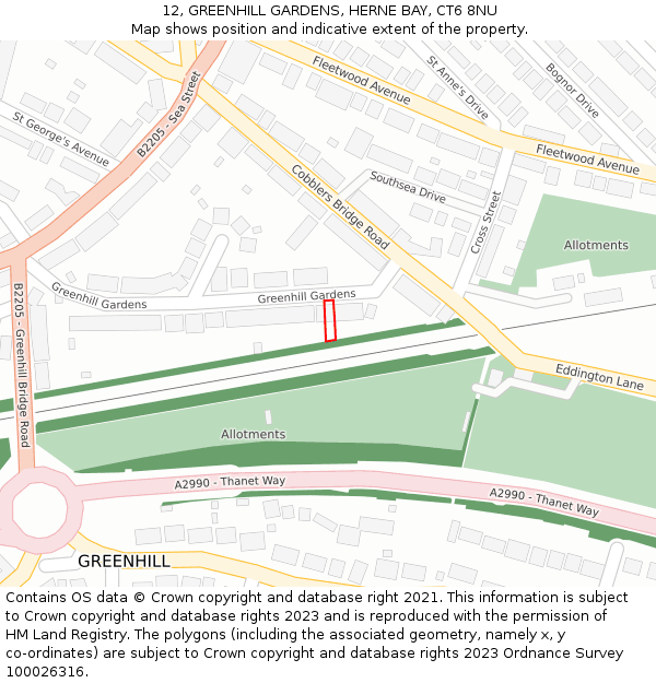 12, GREENHILL GARDENS, HERNE BAY, CT6 8NU: Location map and indicative extent of plot