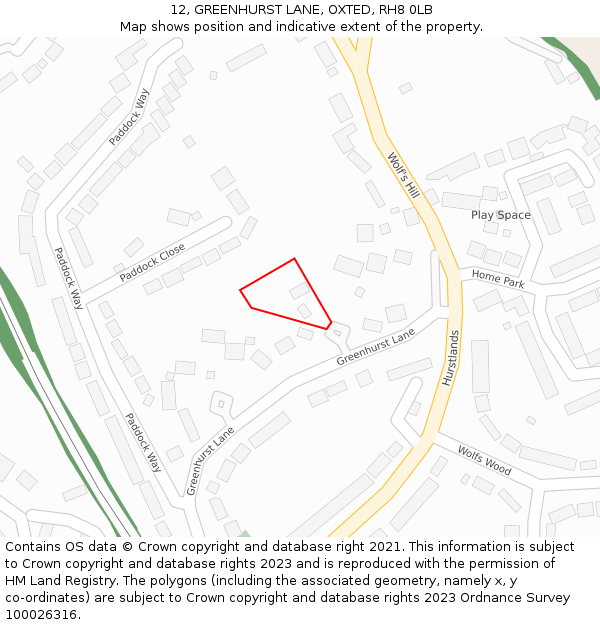 12, GREENHURST LANE, OXTED, RH8 0LB: Location map and indicative extent of plot