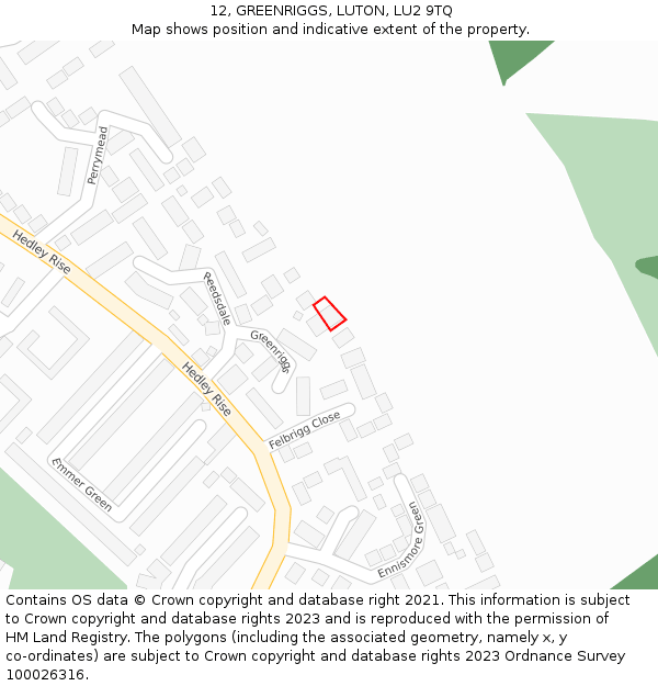 12, GREENRIGGS, LUTON, LU2 9TQ: Location map and indicative extent of plot
