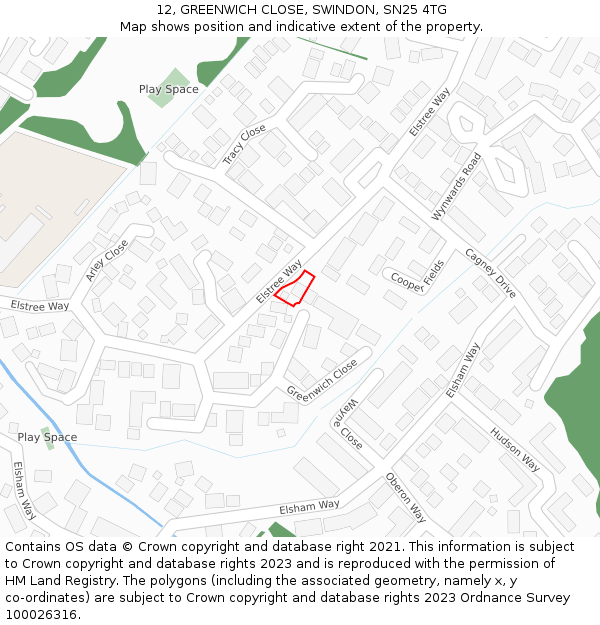 12, GREENWICH CLOSE, SWINDON, SN25 4TG: Location map and indicative extent of plot