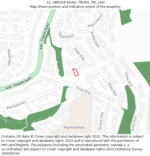 12, GREGOR ROAD, TRURO, TR1 1AH: Location map and indicative extent of plot