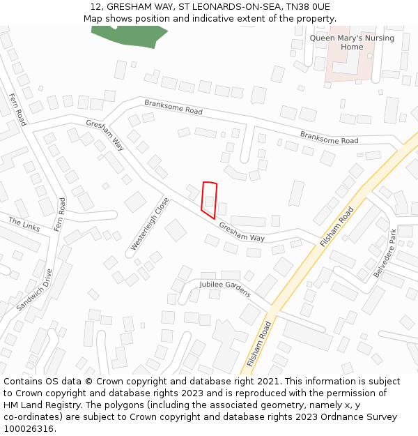 12, GRESHAM WAY, ST LEONARDS-ON-SEA, TN38 0UE: Location map and indicative extent of plot