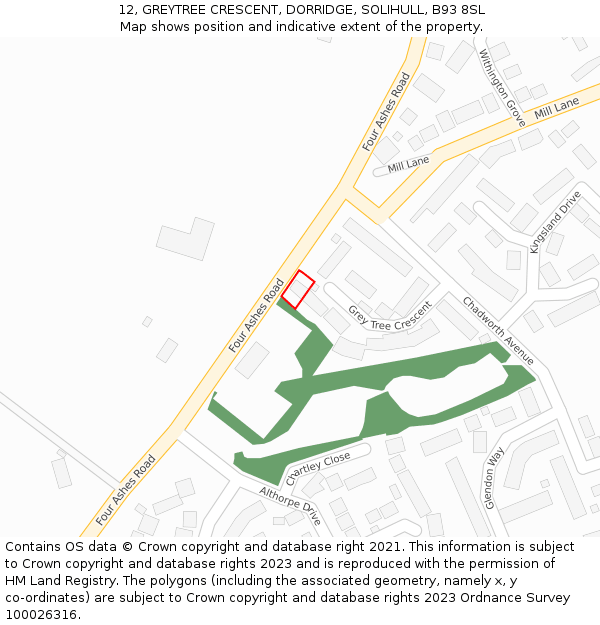 12, GREYTREE CRESCENT, DORRIDGE, SOLIHULL, B93 8SL: Location map and indicative extent of plot