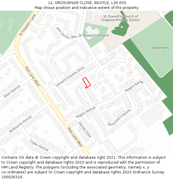 12, GROSVENOR CLOSE, BOOTLE, L30 6YD: Location map and indicative extent of plot