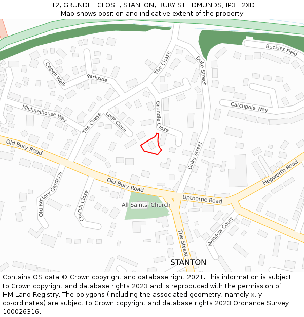 12, GRUNDLE CLOSE, STANTON, BURY ST EDMUNDS, IP31 2XD: Location map and indicative extent of plot