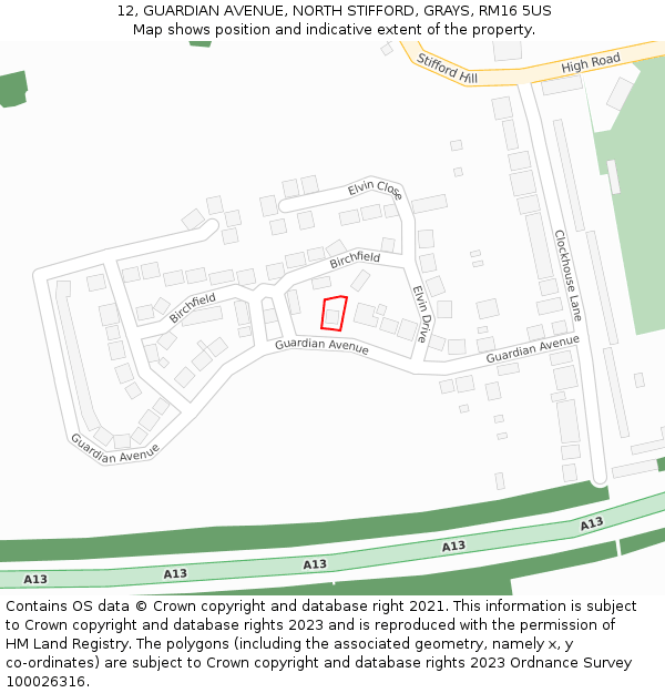 12, GUARDIAN AVENUE, NORTH STIFFORD, GRAYS, RM16 5US: Location map and indicative extent of plot