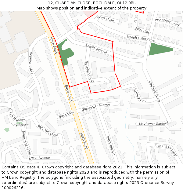 12, GUARDIAN CLOSE, ROCHDALE, OL12 9RU: Location map and indicative extent of plot