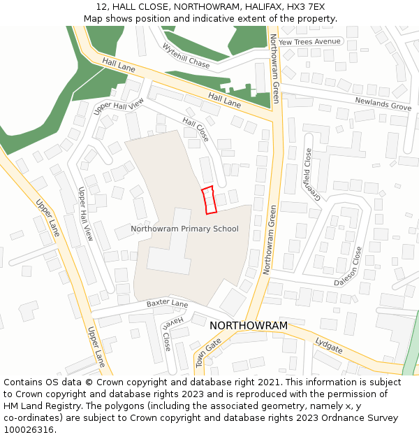 12, HALL CLOSE, NORTHOWRAM, HALIFAX, HX3 7EX: Location map and indicative extent of plot