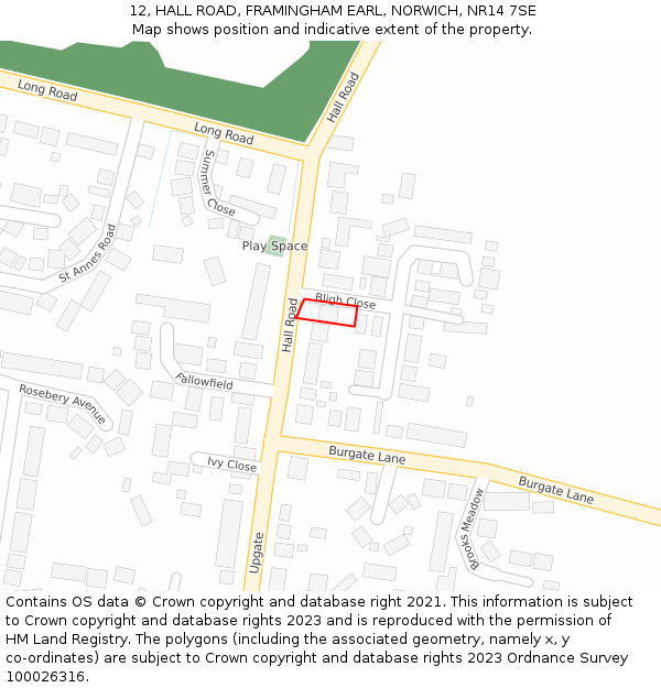 12, HALL ROAD, FRAMINGHAM EARL, NORWICH, NR14 7SE: Location map and indicative extent of plot