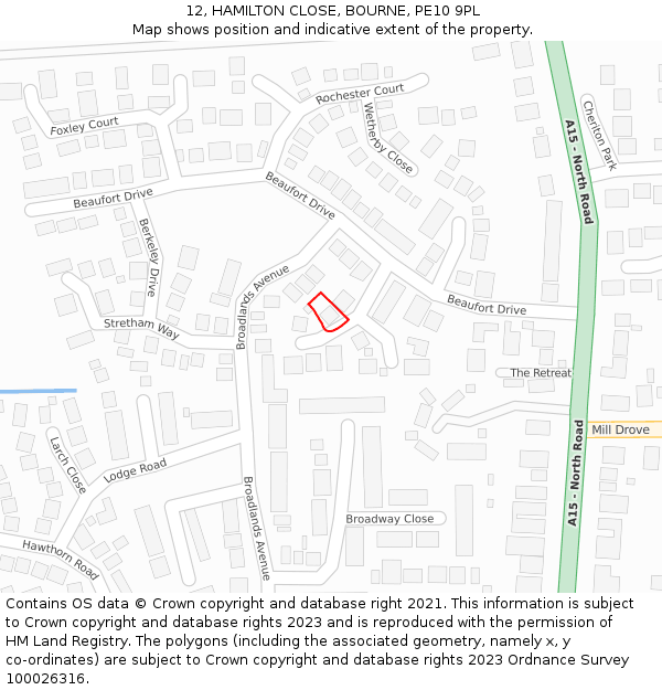 12, HAMILTON CLOSE, BOURNE, PE10 9PL: Location map and indicative extent of plot