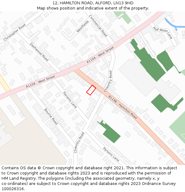 12, HAMILTON ROAD, ALFORD, LN13 9HD: Location map and indicative extent of plot