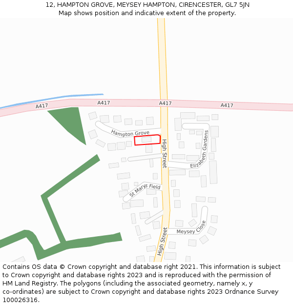 12, HAMPTON GROVE, MEYSEY HAMPTON, CIRENCESTER, GL7 5JN: Location map and indicative extent of plot