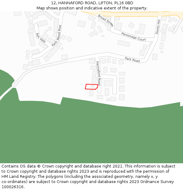 12, HANNAFORD ROAD, LIFTON, PL16 0BD: Location map and indicative extent of plot