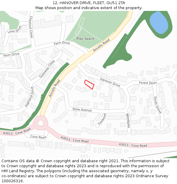 12, HANOVER DRIVE, FLEET, GU51 2TA: Location map and indicative extent of plot