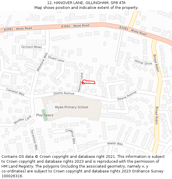 12, HANOVER LANE, GILLINGHAM, SP8 4TA: Location map and indicative extent of plot