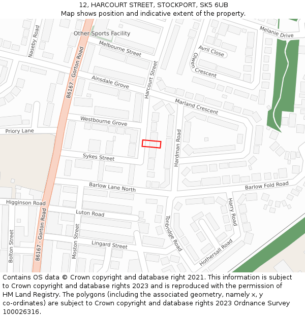 12, HARCOURT STREET, STOCKPORT, SK5 6UB: Location map and indicative extent of plot