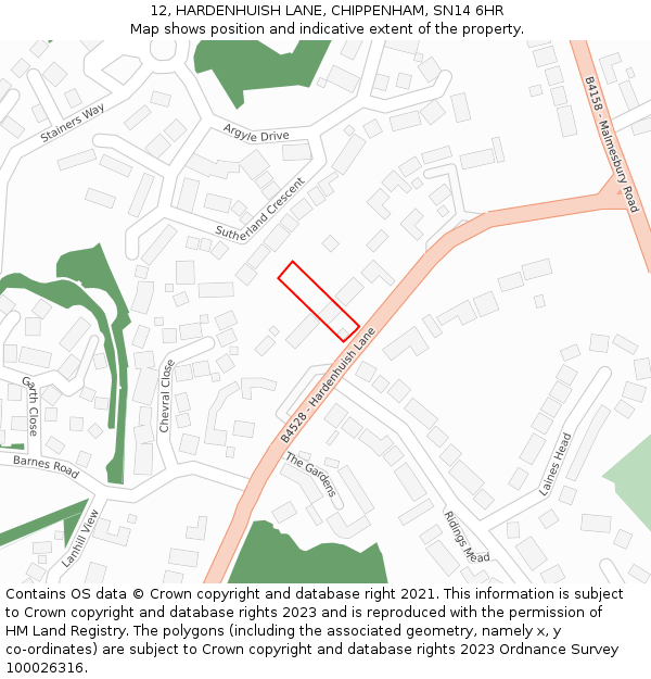 12, HARDENHUISH LANE, CHIPPENHAM, SN14 6HR: Location map and indicative extent of plot