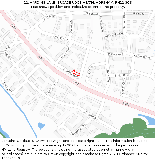 12, HARDING LANE, BROADBRIDGE HEATH, HORSHAM, RH12 3GS: Location map and indicative extent of plot