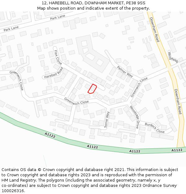 12, HAREBELL ROAD, DOWNHAM MARKET, PE38 9SS: Location map and indicative extent of plot