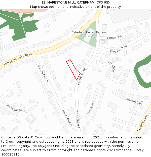 12, HARESTONE HILL, CATERHAM, CR3 6SX: Location map and indicative extent of plot