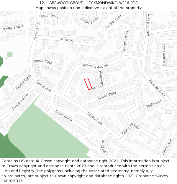 12, HAREWOOD GROVE, HECKMONDWIKE, WF16 0DD: Location map and indicative extent of plot