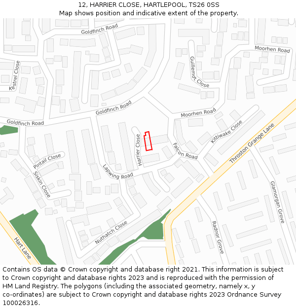 12, HARRIER CLOSE, HARTLEPOOL, TS26 0SS: Location map and indicative extent of plot