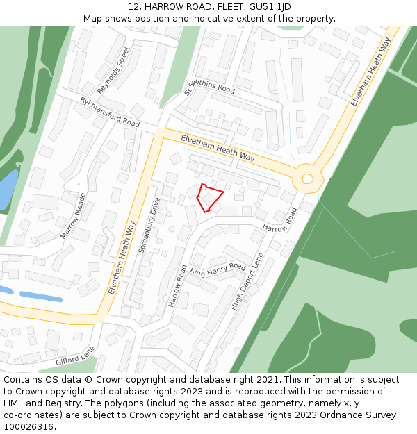 12, HARROW ROAD, FLEET, GU51 1JD: Location map and indicative extent of plot