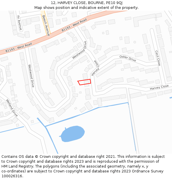 12, HARVEY CLOSE, BOURNE, PE10 9QJ: Location map and indicative extent of plot