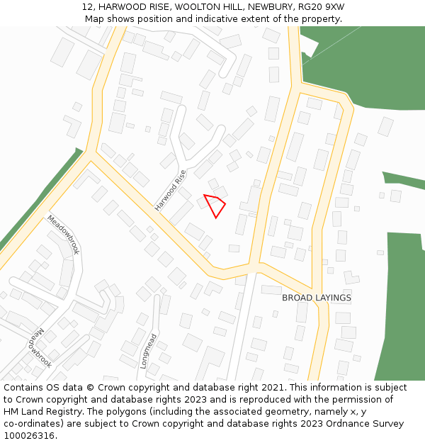 12, HARWOOD RISE, WOOLTON HILL, NEWBURY, RG20 9XW: Location map and indicative extent of plot