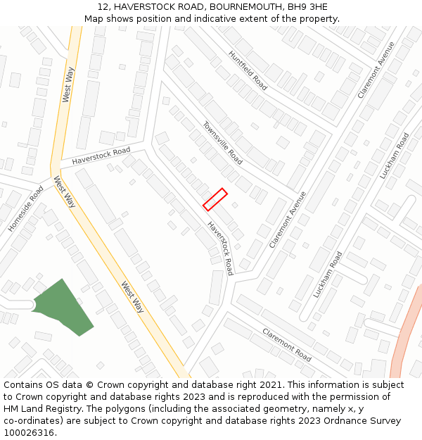 12, HAVERSTOCK ROAD, BOURNEMOUTH, BH9 3HE: Location map and indicative extent of plot