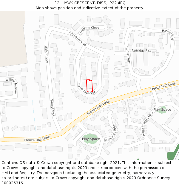 12, HAWK CRESCENT, DISS, IP22 4PQ: Location map and indicative extent of plot