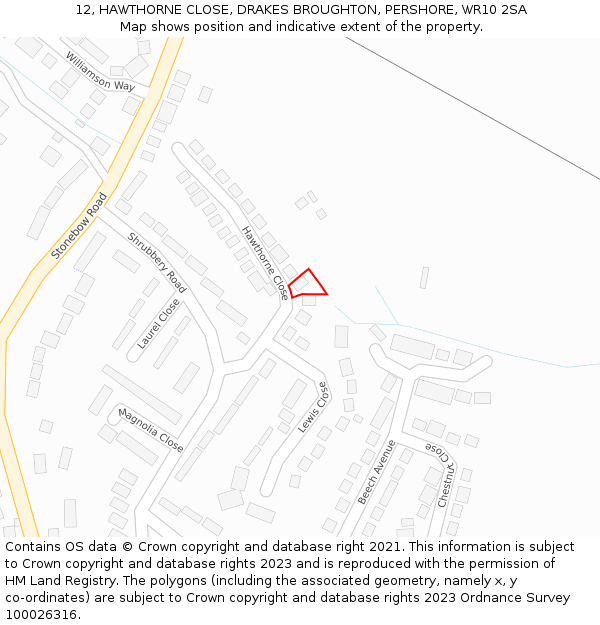 12, HAWTHORNE CLOSE, DRAKES BROUGHTON, PERSHORE, WR10 2SA: Location map and indicative extent of plot