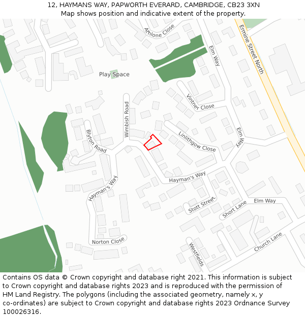 12, HAYMANS WAY, PAPWORTH EVERARD, CAMBRIDGE, CB23 3XN: Location map and indicative extent of plot