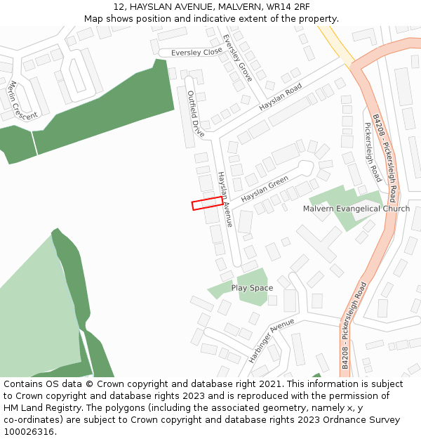 12, HAYSLAN AVENUE, MALVERN, WR14 2RF: Location map and indicative extent of plot