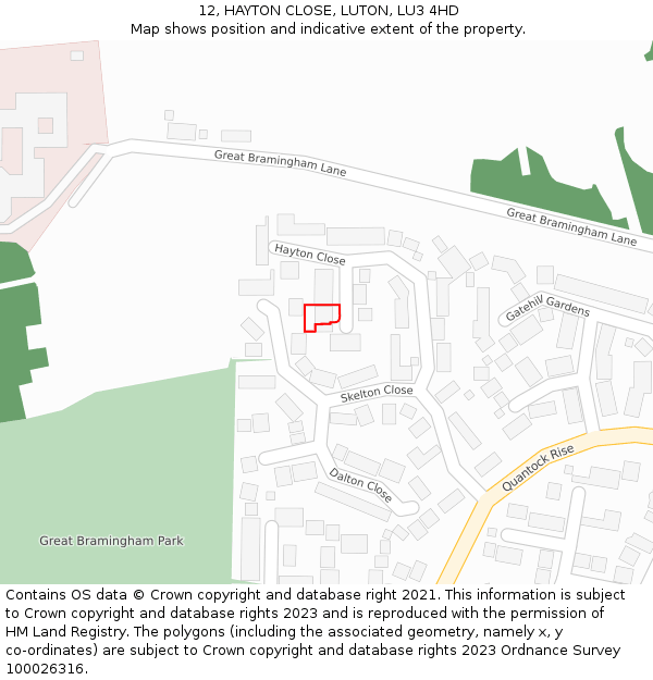 12, HAYTON CLOSE, LUTON, LU3 4HD: Location map and indicative extent of plot