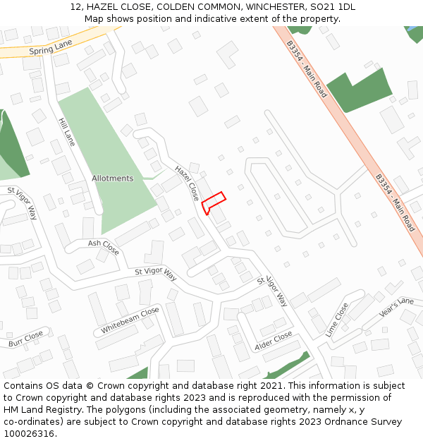 12, HAZEL CLOSE, COLDEN COMMON, WINCHESTER, SO21 1DL: Location map and indicative extent of plot