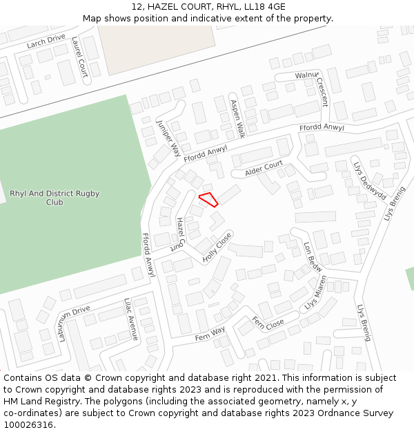 12, HAZEL COURT, RHYL, LL18 4GE: Location map and indicative extent of plot