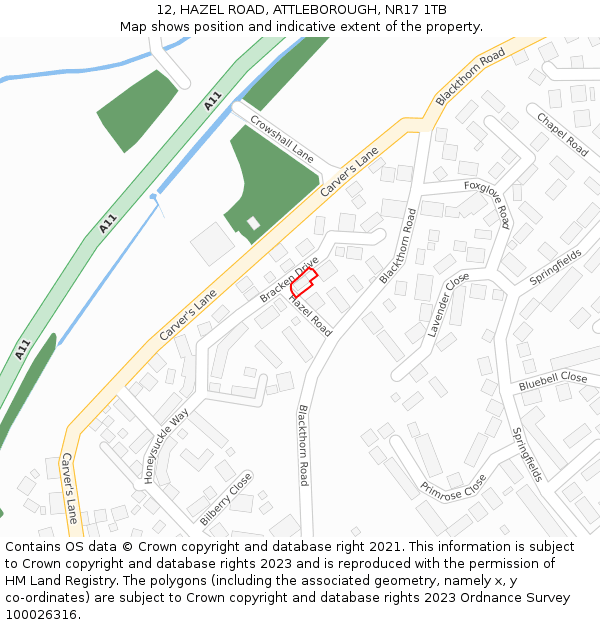 12, HAZEL ROAD, ATTLEBOROUGH, NR17 1TB: Location map and indicative extent of plot