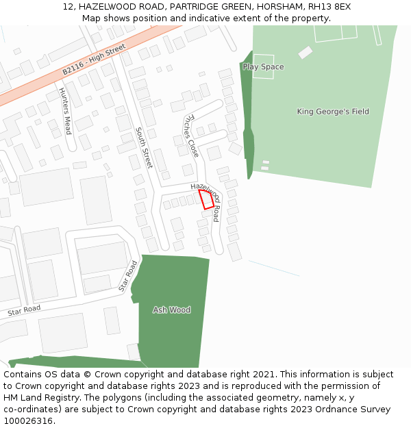 12, HAZELWOOD ROAD, PARTRIDGE GREEN, HORSHAM, RH13 8EX: Location map and indicative extent of plot